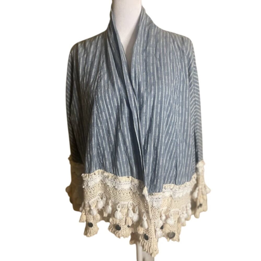 Zara Blue Premium Denim Collection Boho Open Front Jacket‎ Size Small